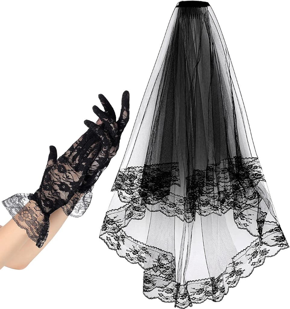 Satinior Black Floral Lace Bridal Veil With Comb and Short Gloves