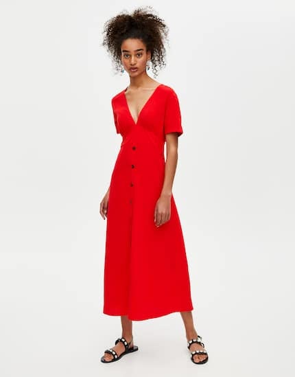 Pull & Bear Red Buttoned Midi Dress