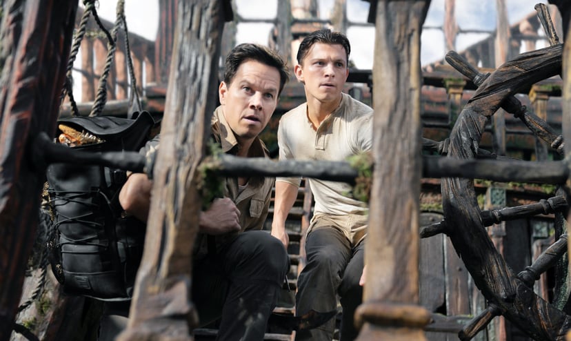 UNCHARTED, from left: Mark Wahlberg, Tom Holland, 2022. ph: Clay Enos /  Sony Pictures / Courtesy Everett Collection