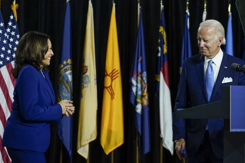 WILMINGTON, DE - AUGUST 12: Democratic presidential candidate former Vice President Joe Biden invites his running mate Sen. Kamala Harris (D-CA) to the stage to deliver remarks at the Alexis Dupont High School on August 12, 2020 in Wilmington, Delaware. H