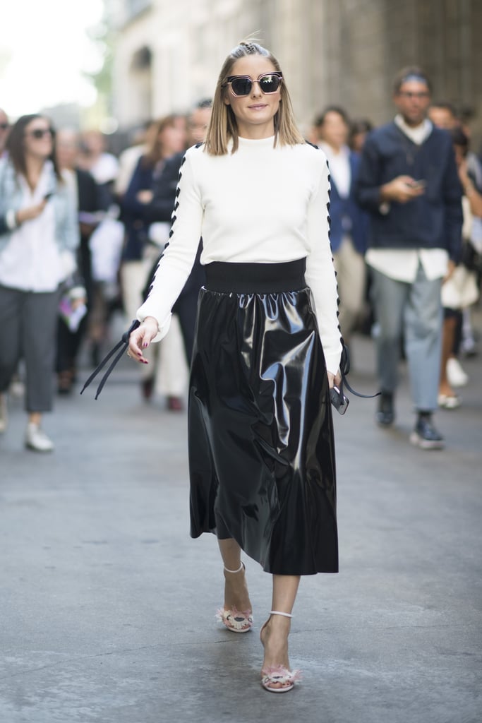 Olivia's skirt and sweater combo may seem demure, but with a patent ...