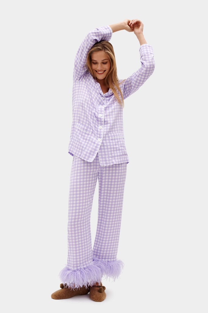 Sleeper Party Pajamas Set With Feathers in Lavender Vichy