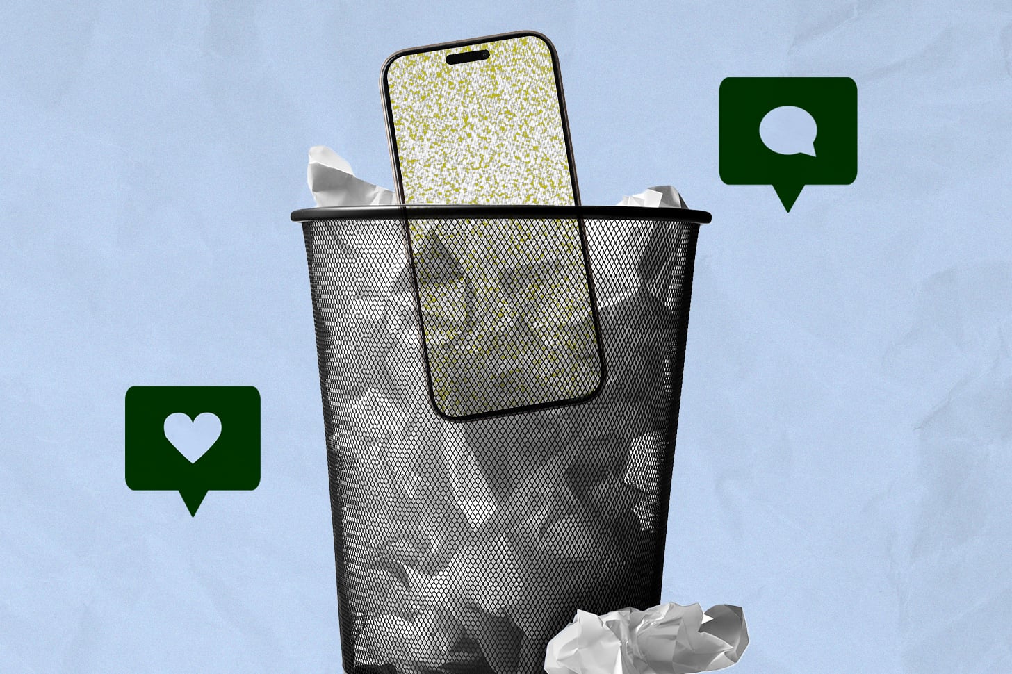 collage of a phone in a wastebasket