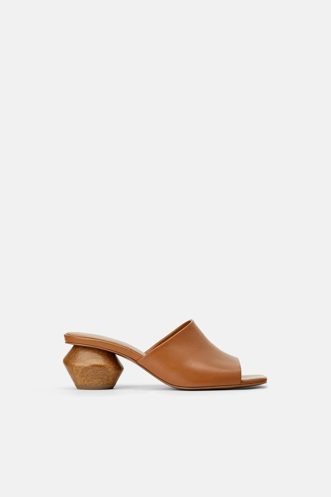 Zara Leather Mules With Geometric Wood Look Heels