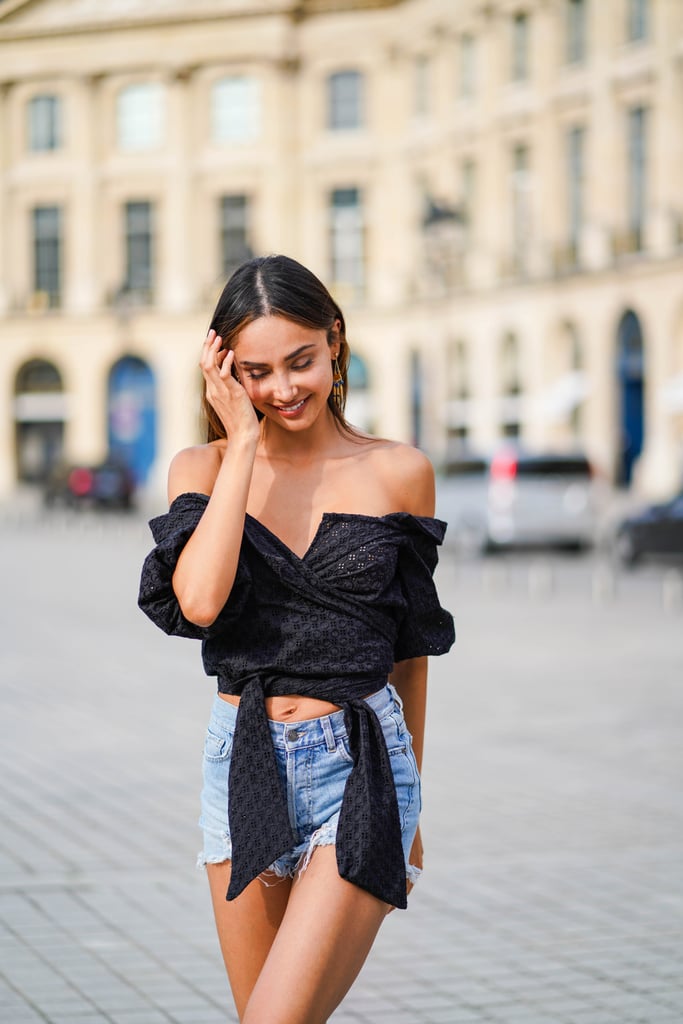 Style an Off-the-Shoulder Wrap Blouse With Shorts