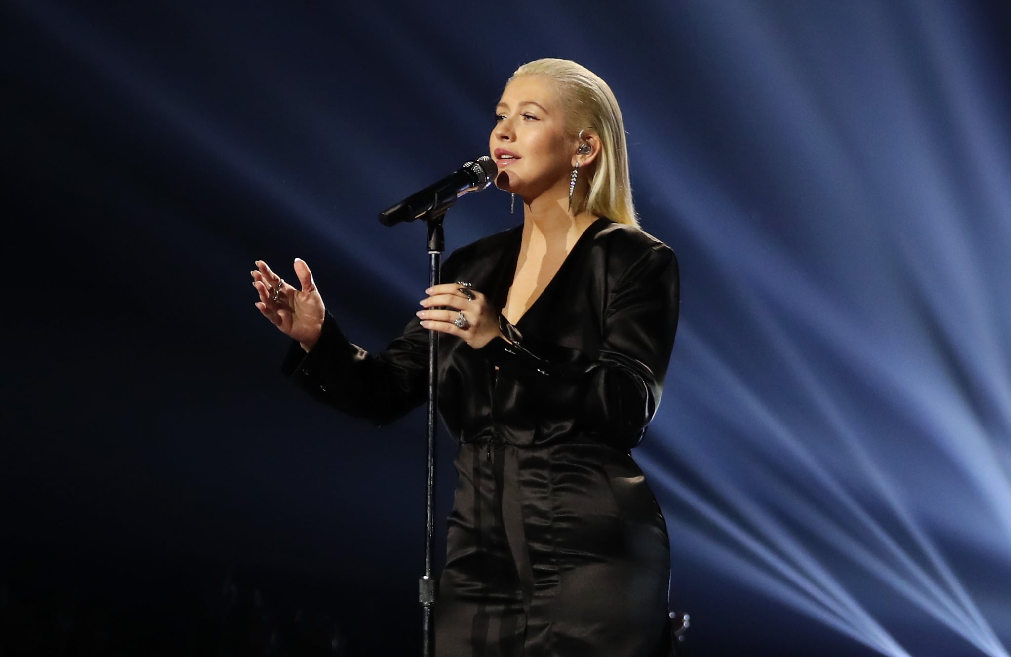 LOS ANGELES, CA - NOVEMBER 19:  Christina Aguilera sings tribute to Whitney Houston onstage during the 2017 American Music Awards at Microsoft theatre on November 19, 2017 in Los Angeles, California.  (Photo by Chris Polk/AMA2017/Getty Images for dcp)