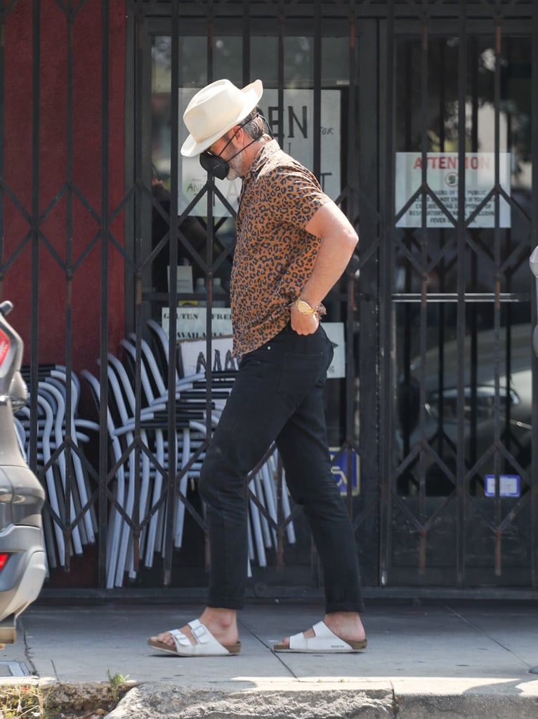 Chris Pine's Leopard-Print Shirt and Birkenstocks Outfit