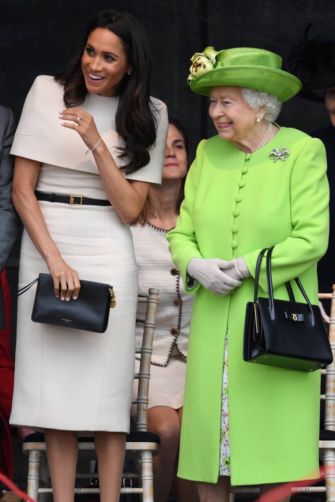 She simply accessorised her outfit with a chic black and gold belt and a matching clutch, pearl earrings, Sarah Flint pumps, and the all-important tights.