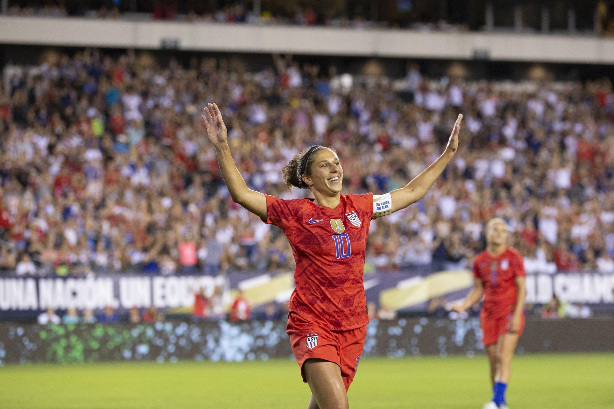 PHILADELPHIA, PA- AUGUST 29: Carli Lloyd #10 of United States of the U.S. Women's 2019 FIFA World Cup Championship flaps her arms like an Eagle as she celebrates soaring a goal in the 2nd half of the Victory Tour presented by Allstate match between the U.S. Women's National Team and Portugal.  The match was held at Lincoln Financial Field in Philadelphia, PA on August 29, 2019, USA. The U.S. Women's team won the match with a score of 4 to 0.  (Photo by Ira L. Black/Corbis via Getty Images)