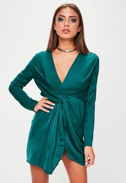 Missguided Green Satin Wrap Mini Dress