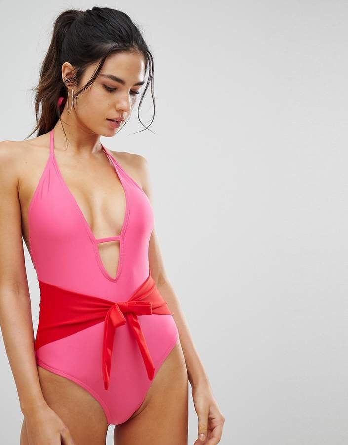 Missguided Plunge Front Color Block Waist Tie Swimsuit