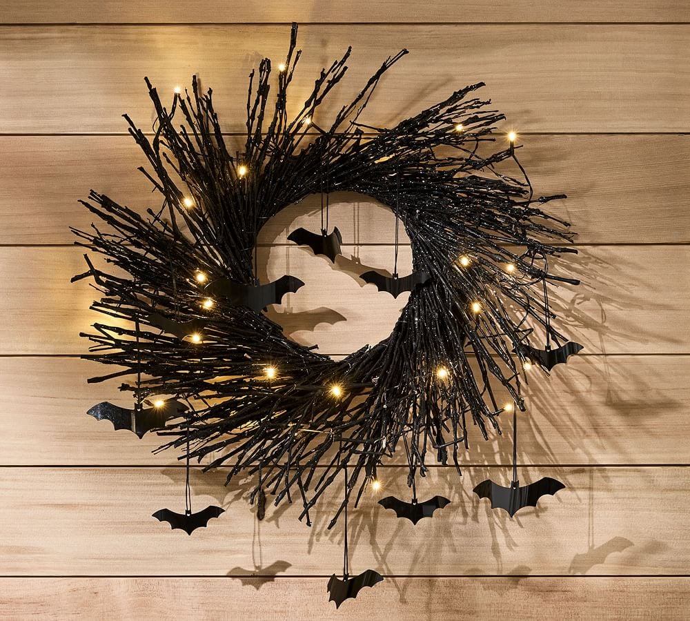 A Black Wreath: Pre-Lit Black Glitter Branch Wreath With Bats
