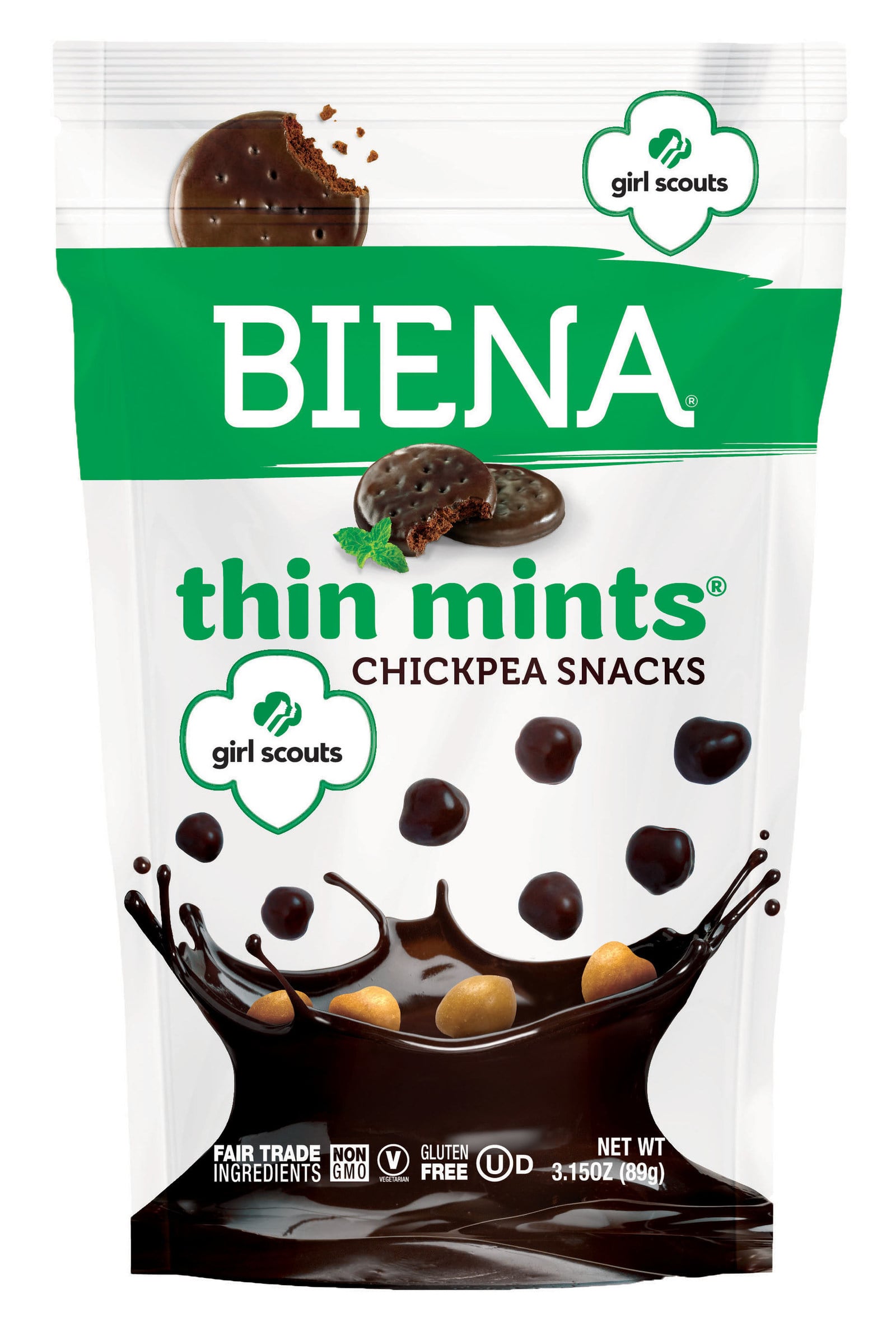 Biena fans will soon be able to get their sweet fix with new Biena Thin Mints Chickpea Snacks, launching exclusively at Whole Foods in June 2018. Biena has submerged its signature Sea Salt Chickpeas into delectable Thin Mints and Fair Trade dark chocolate, offering the timeless taste of Thin mints cookies, all for 130 calories and 4 grams of protein and fiber per serving. (PRNewsfoto/Biena Snacks)