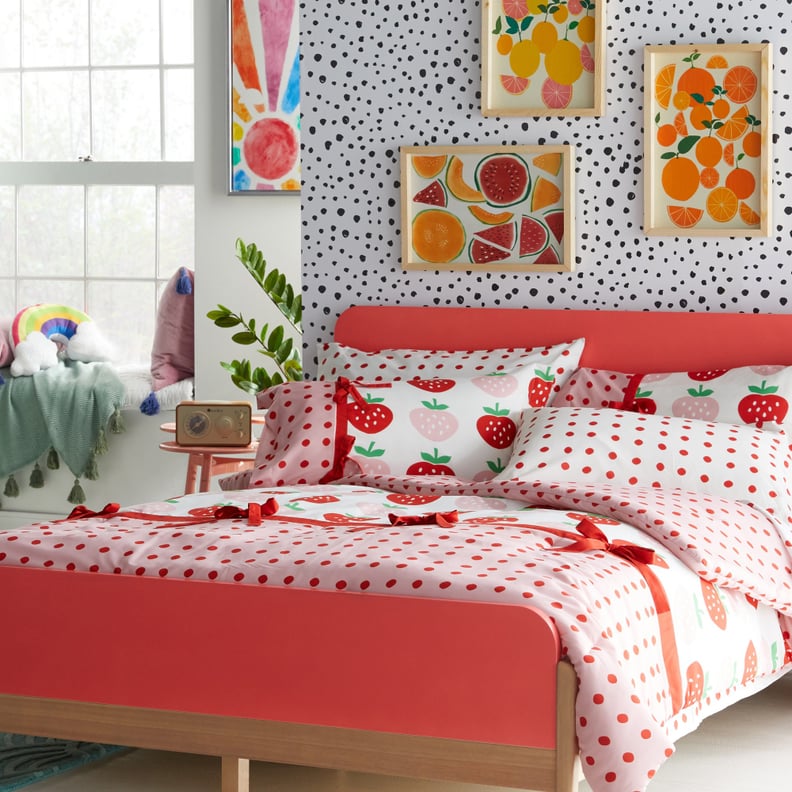 Drew Barrymore Flower Kids Modern Platform Bed and Sweet Strawberry Complete Bedding Set