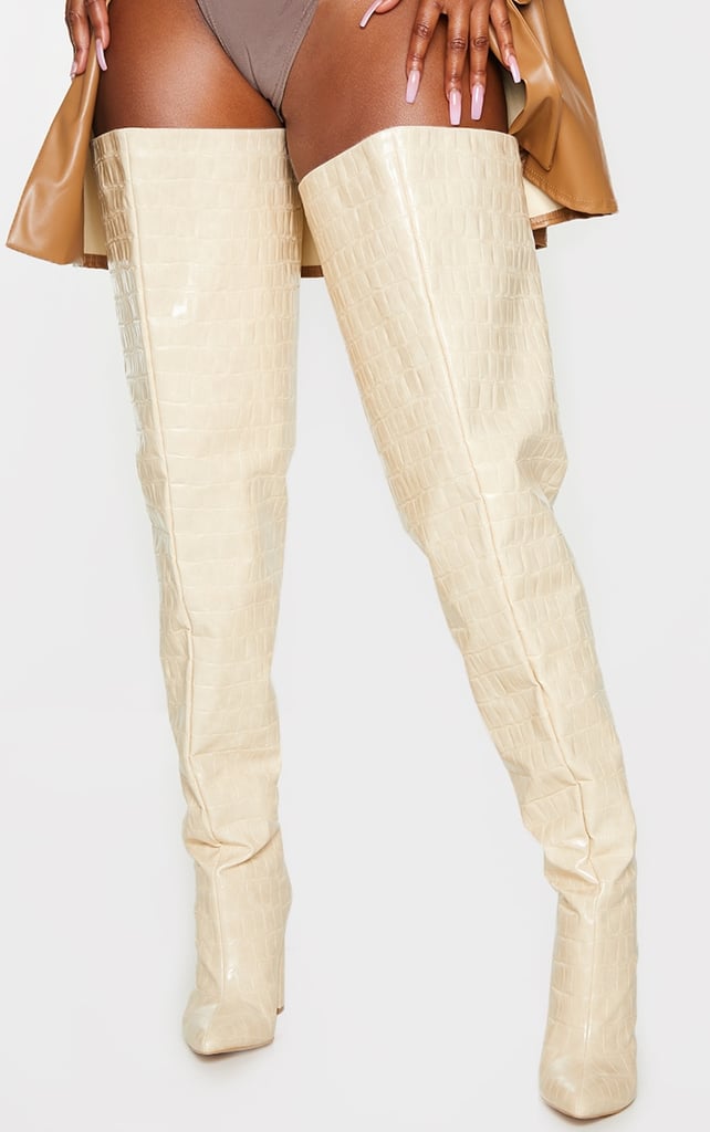 PrettyLittleThing Cream Pu Croc Thick Thigh High Point Block Heel Boots