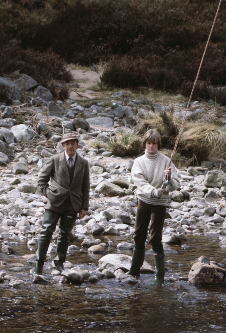 Diana learning to fish shortly before her marriage in 1981