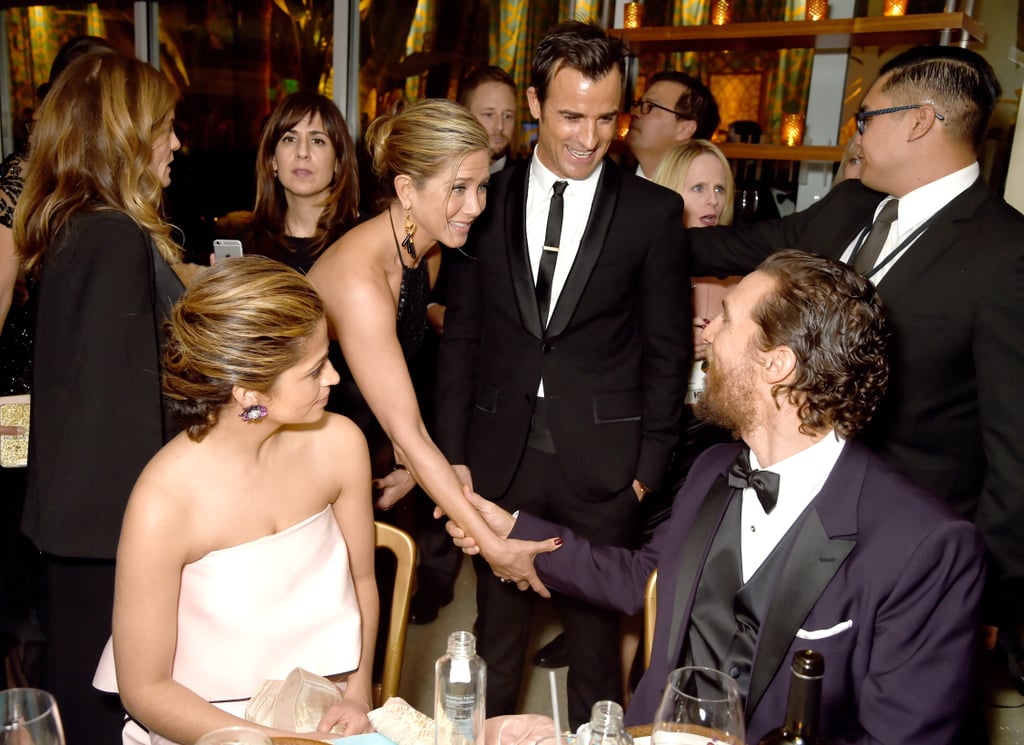 Jennifer Aniston and Justin Theroux stopped to say hi to Matthew McConaughey and Camila Alves at the HBO afterparty.