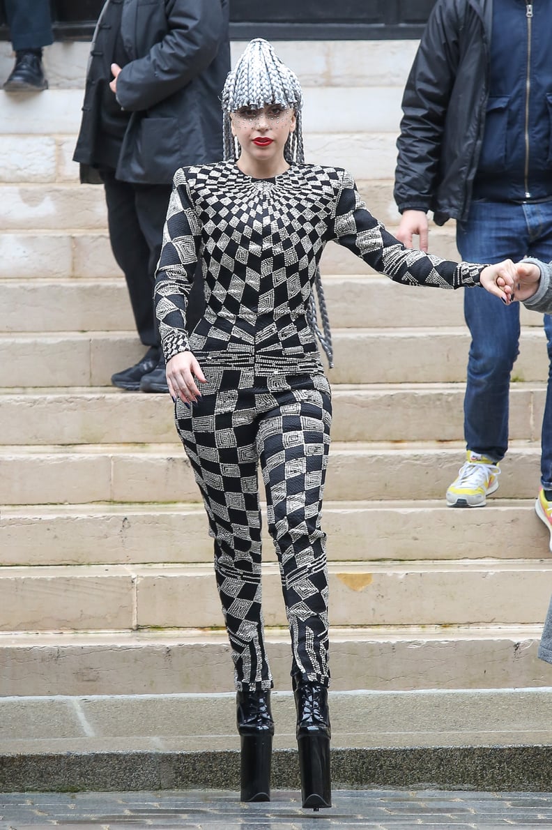 Lady Gaga in Harlequin Versace Jumpsuit in Paris in 2014