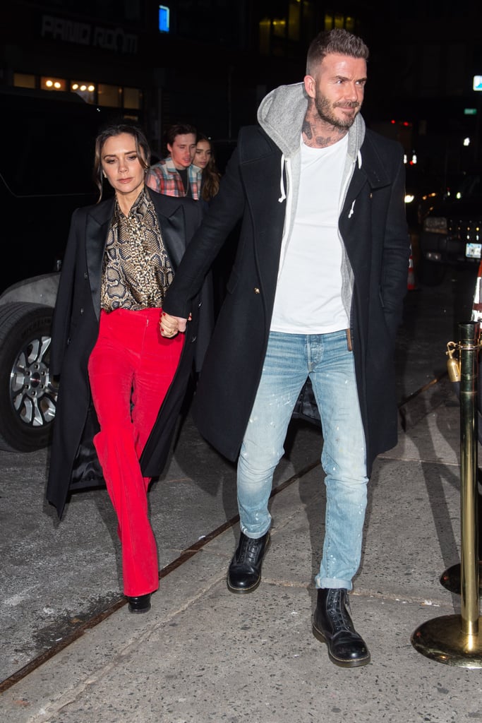 Victoria Beckham Red Pants and Snakeskin Blouse January 2019