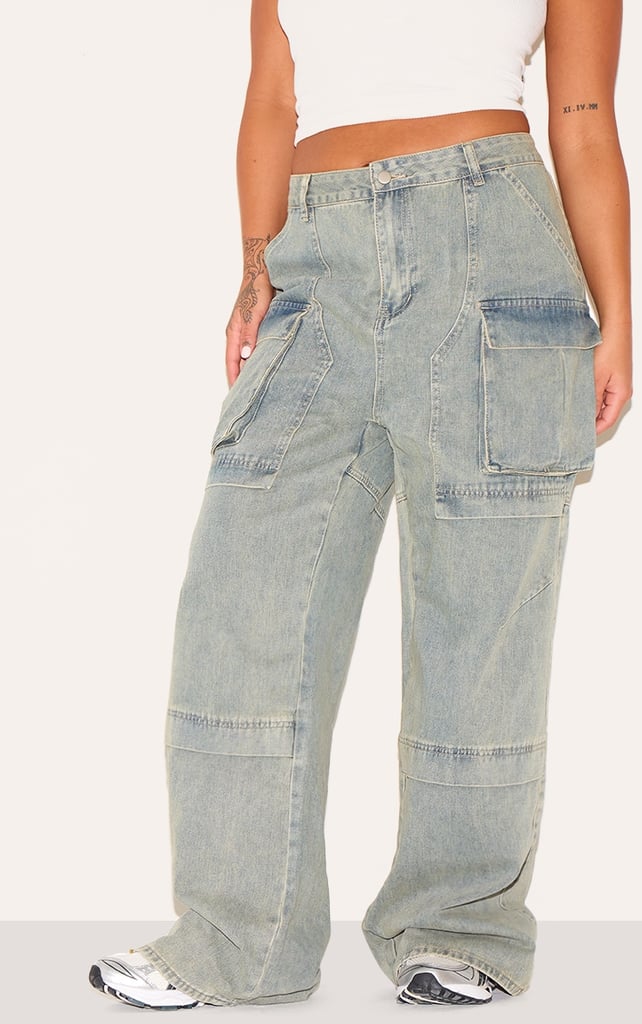 PLT Plus Vintage Wash Cargo Wide Leg Denim Jeans