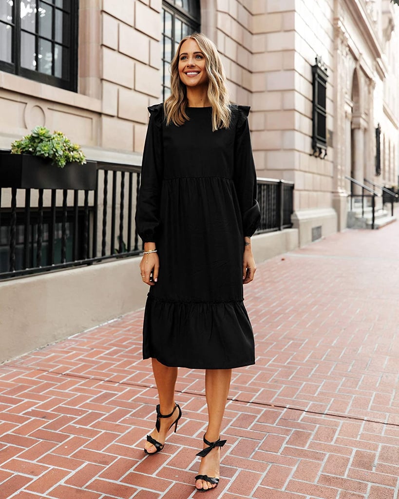 The Drop Black Ruffle-Shoulder Tiered Midi Dress by @fashion_jackson