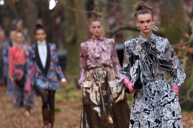 Kaia Gerber Stunned in This Lace Dress and Tights, What Chanel Runway?  Karl Lagerfeld's Models Just Trekked Through an Enchanted Forest