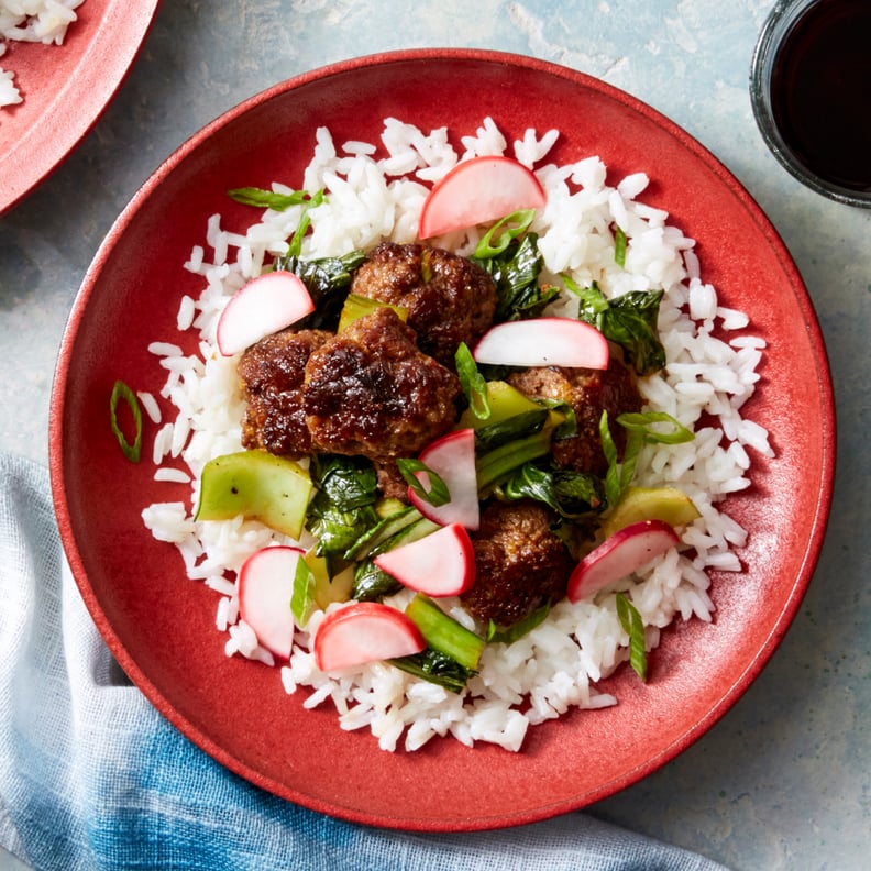 Ginger-Scallion Meatballs and Rice Bok Choy and Marinated Radishes