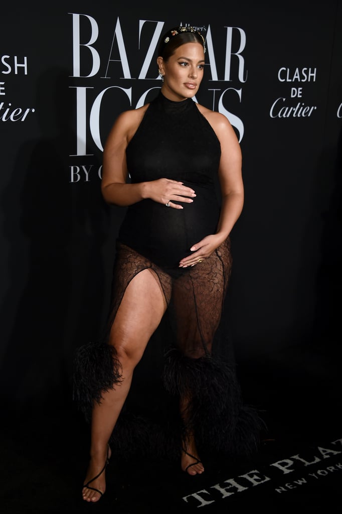 Ashley Graham Pregnant in Black Feather Dress By 16Arlington