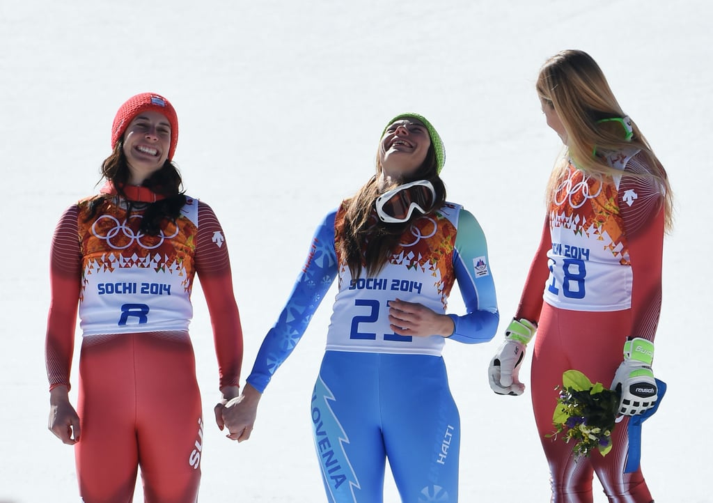 They laughed it up with Switzerland's Lara Gut, who earned the bronze.