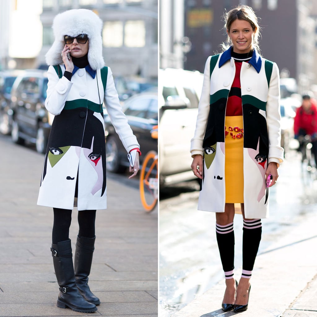Giovanna Battaglia and Helena Bordon both made use of Prada's Spring '14 collection with their bold face-emblazoned coats.
