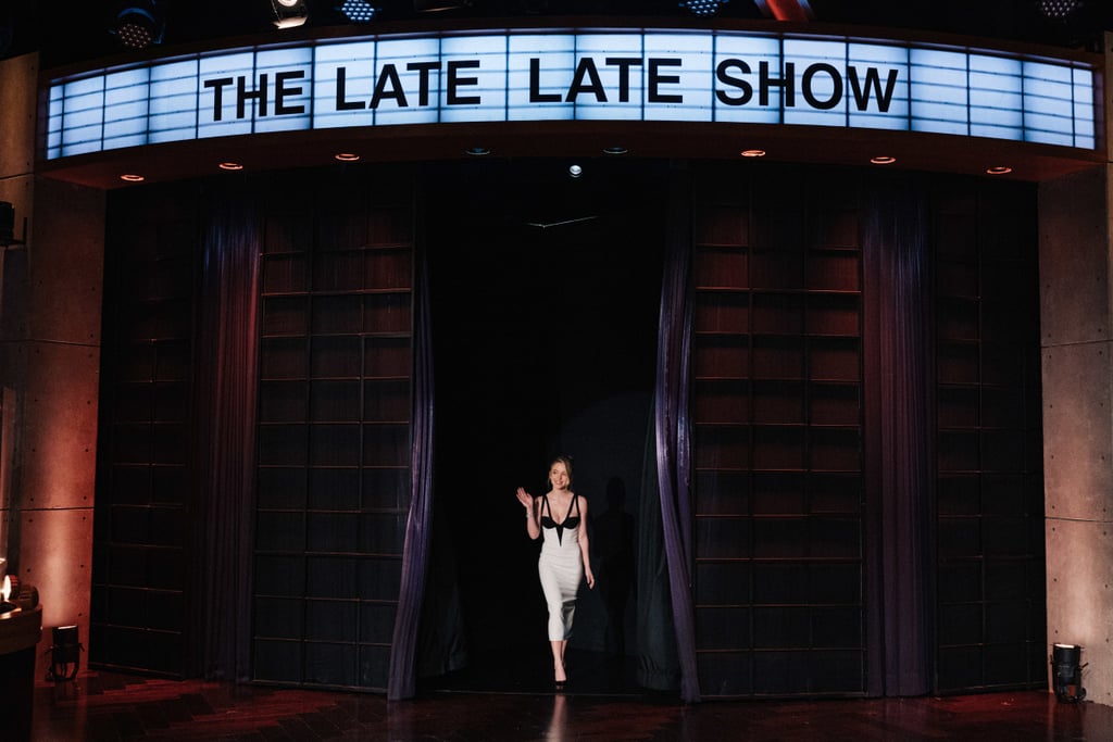 Sydney Sweeney Wears Black-and-White Midi Dress on "Corden"