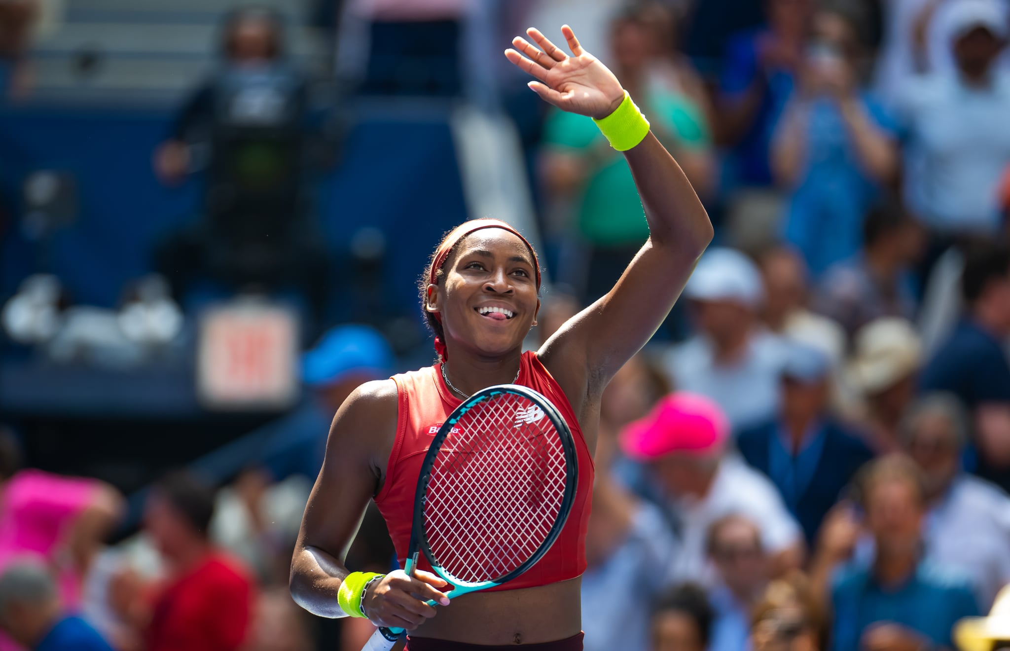 NEW YORK, NEW YORK - SEPTEMBER 05: Coco Gauff of the United States celebrates defeating Jelena Ostapenko of Latvia in the quarter-final on Day 9 of the US Open at USTA Billie Jean King National Tennis Centre on September 05, 2023 in New York City (Photo by Robert Prange/Getty Images)