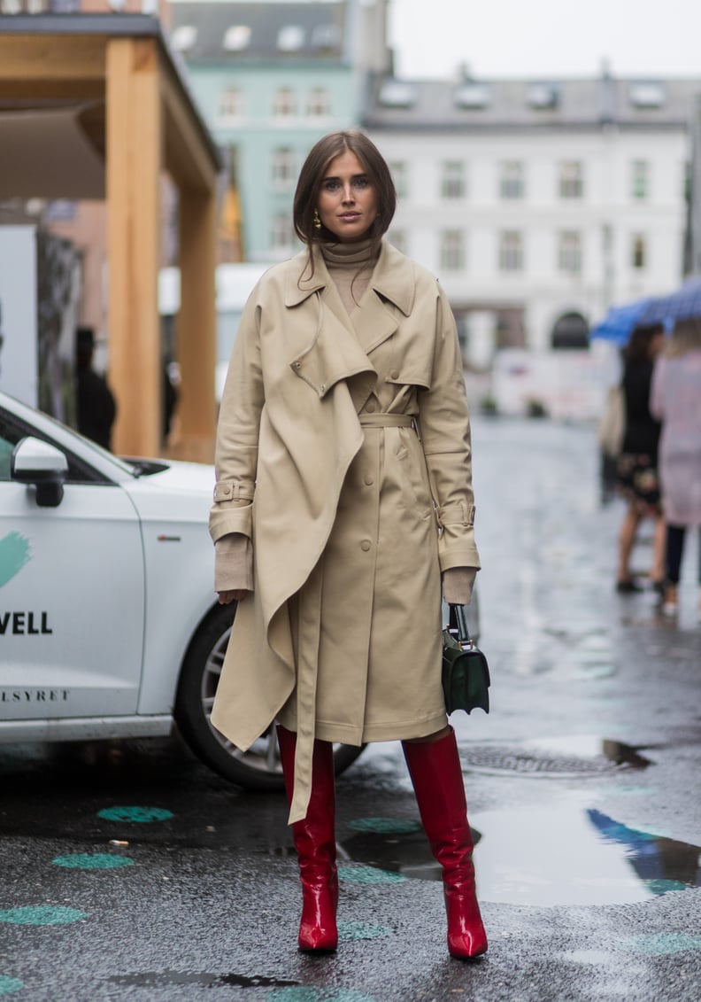 Meet a Mid-Length Trench With Bright Red Knee-High Boots