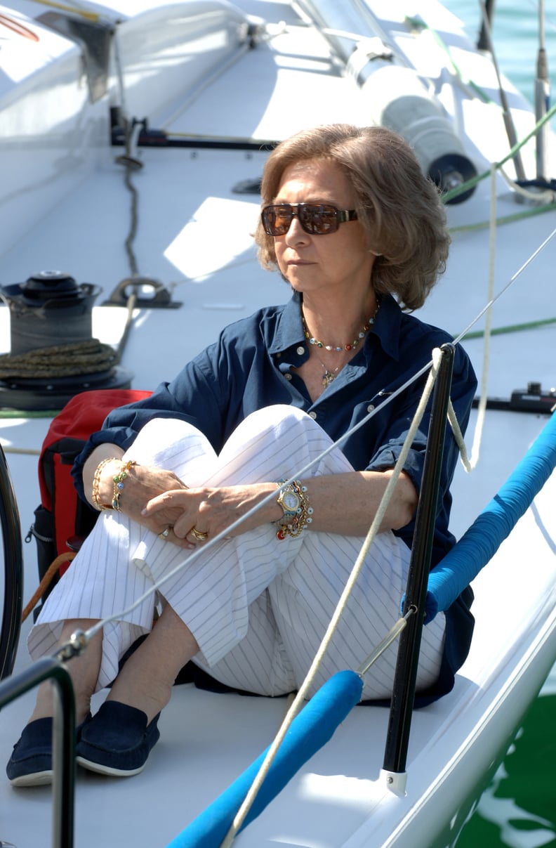 Queen Sofía in a Button-Up and Striped Pants, July 2006