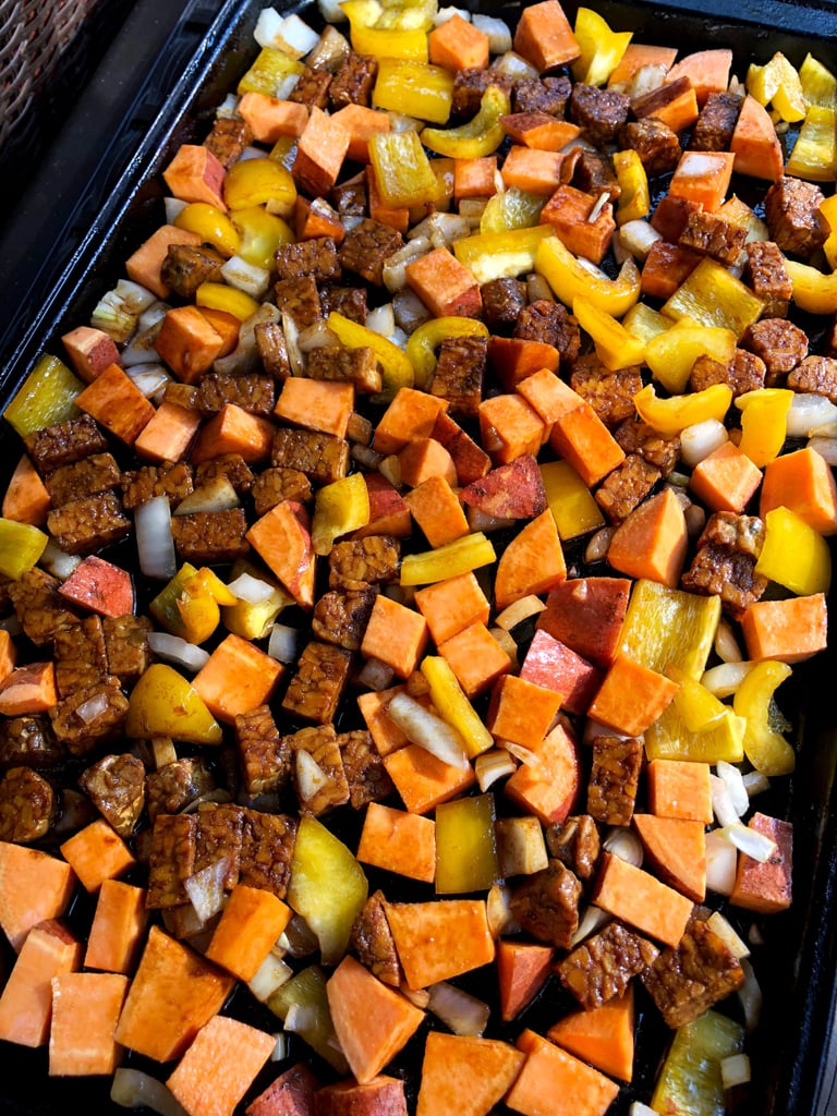 Maple-Ginger Roasted Tempeh, Sweet Potato, Pepper, and Onion 1-Pan Meal
