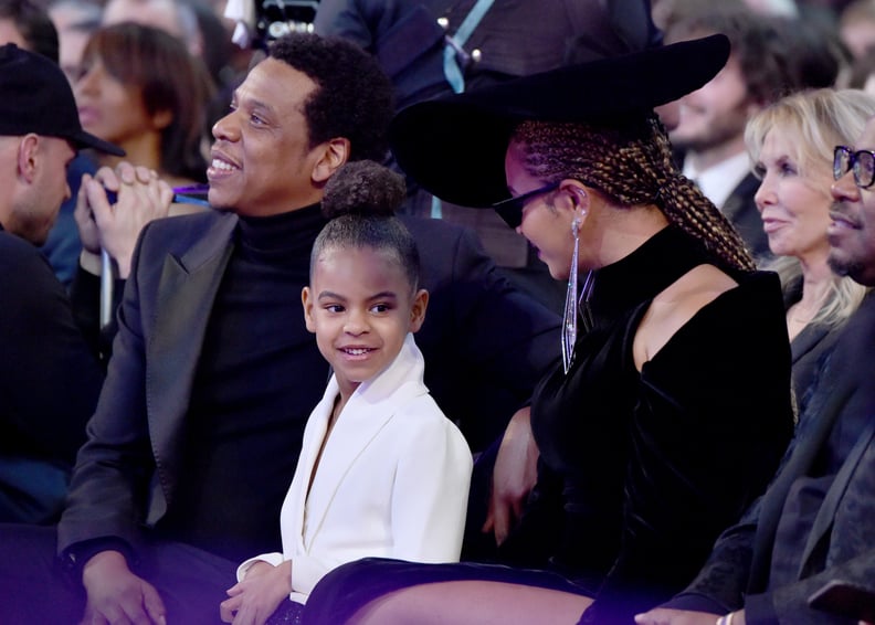 NEW YORK, NY - JANUARY 28:  Recording artist Jay Z, daughter Blue Ivy Carter and recording artist Beyonce attend the 60th Annual GRAMMY Awards at Madison Square Garden on January 28, 2018 in New York City.  (Photo by Lester Cohen/Getty Images for NARAS)