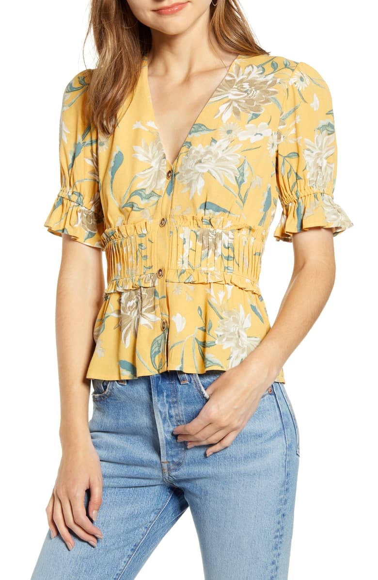 June & Hudson Floral Pintuck Detail Short Sleeve Blouse