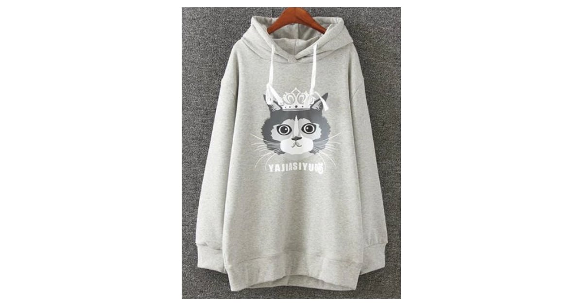 Rosewholesale Cartoon Cat Print Fleece Hoodie I d Give Up My Gym