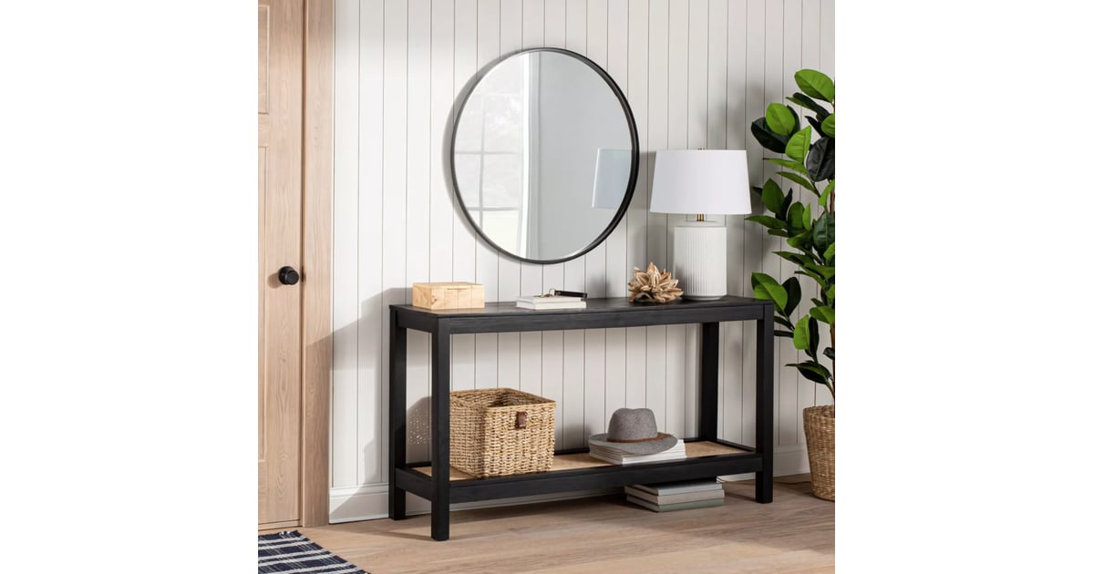 Console table with woven outlet rattan shelf black