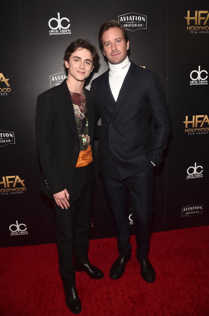 The boys are back in town! On Sunday night, Call Me by Your Name costars Timothée Chalamet and Armie Hammer reunited at the 22nd Annual Hollywood Film Awards in Beverly Hills, and I'm just going to assume it's the reason I'm smiling ear to ear right now. Armie presented Timothée with an award for his work in the recent film Beautiful Boy, where he commended the 22-year-old actor's portrayal of Nic Sheff and the story of methamphetamine addiction.
"Timothée's portrait as Nic Sheff is an intense and disarming depiction of the hopelessness, despair, and collateral damage of methamphetamine addiction," Armie said in his introduction. "As Nic's experimentation with drugs leads to an uncontrollable dependence, his devastated father tries to cope with what has happened and what is happening to his son . . . It's my pleasure to present the award for Hollywood Supporting Actor to Timothée Chalamet."
While Timothée's rumored girlfriend, Lily-Rose Depp, was not in attendance, he posed for red carpet photos with Armie, and damn, they looked good. Their onscreen chemistry in the 2017 movie was palpable, but it's great to see their friendship is still going strong. Read on to see photos of Timothée and Armie at the 2018 Hollywood Film Awards.

    Related:

            
            
                                    
                            

            Does Timothée Chalamet Look Familiar? Here Are 7 Places You&apos;ve Probably Seen Him Before