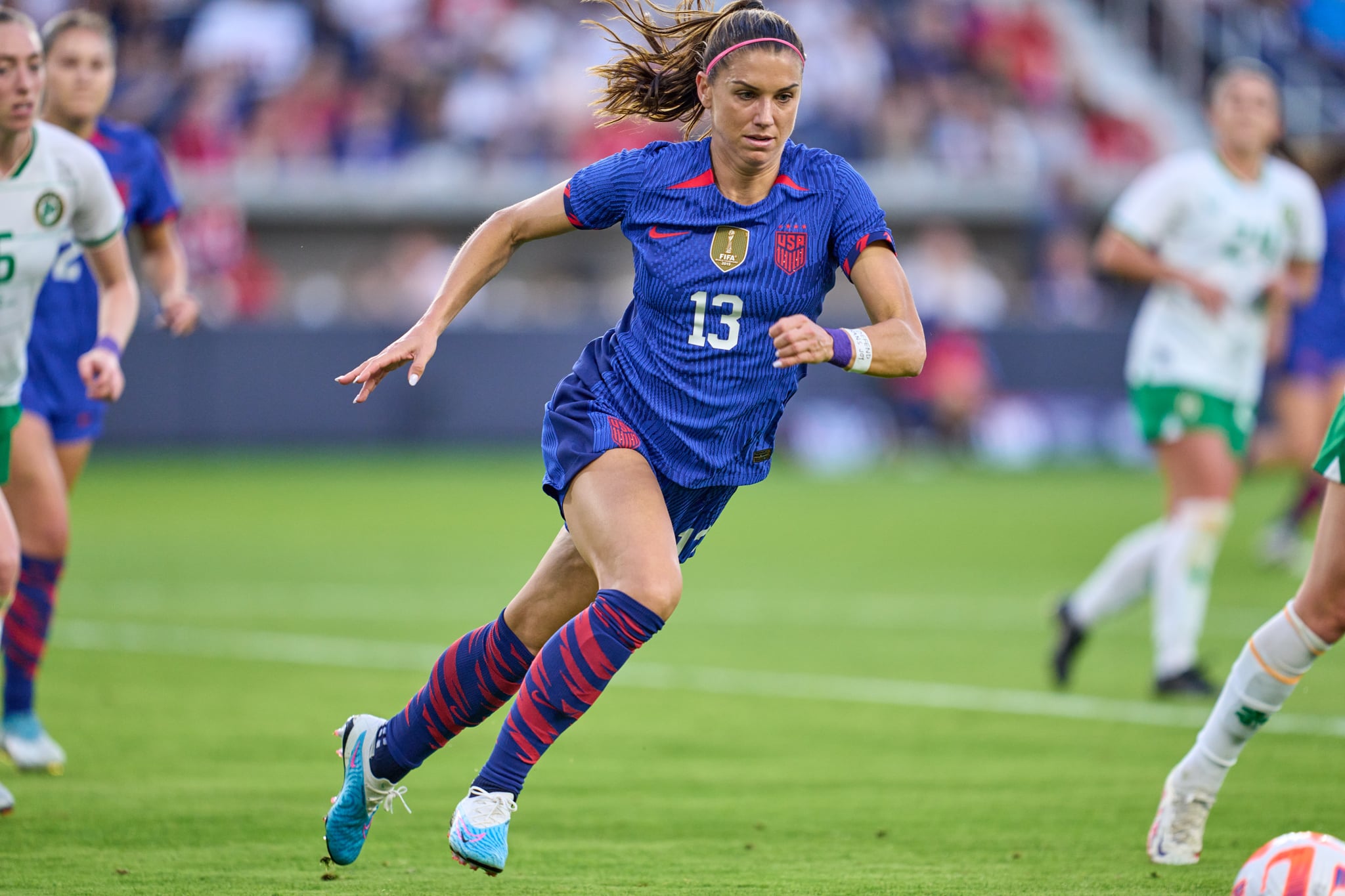 ST. LOUIS, MO - APRIL 11: Alex Morgan #13 of the USA races towards the goal during an international friendly game between Ireland and United States at CITYPARK on April 11, 2023 in St. Louis, Missouri. (Photo by Robin Alam/ISI Photos/Getty Images).