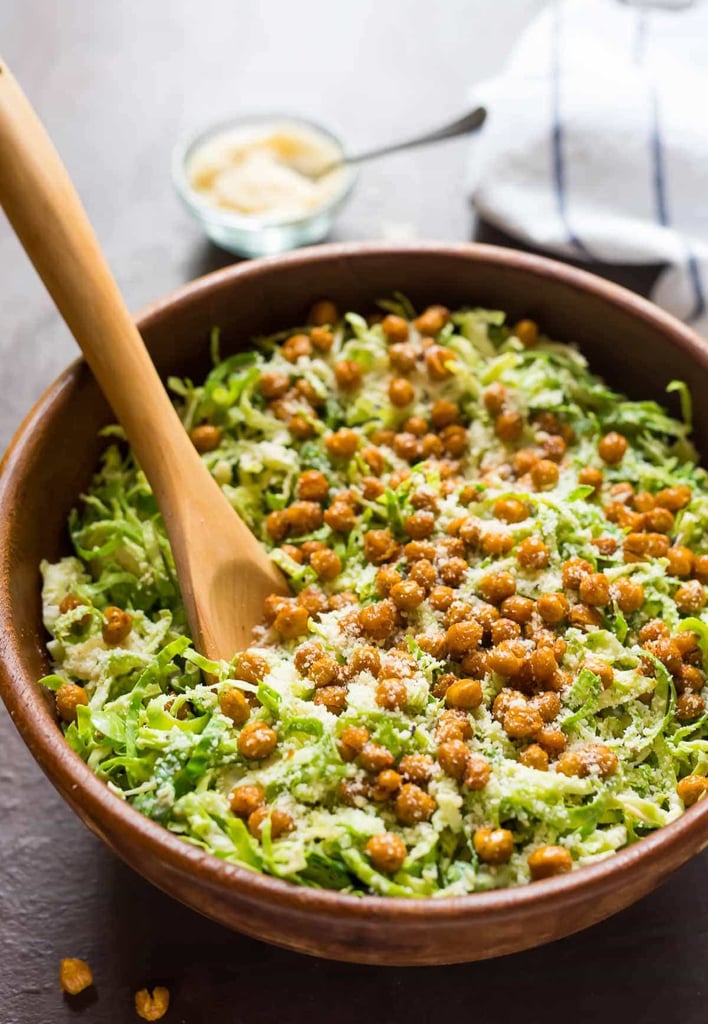 Caesar Shaved Brussels Sprouts Salad With Crispy Chickpea Croutons