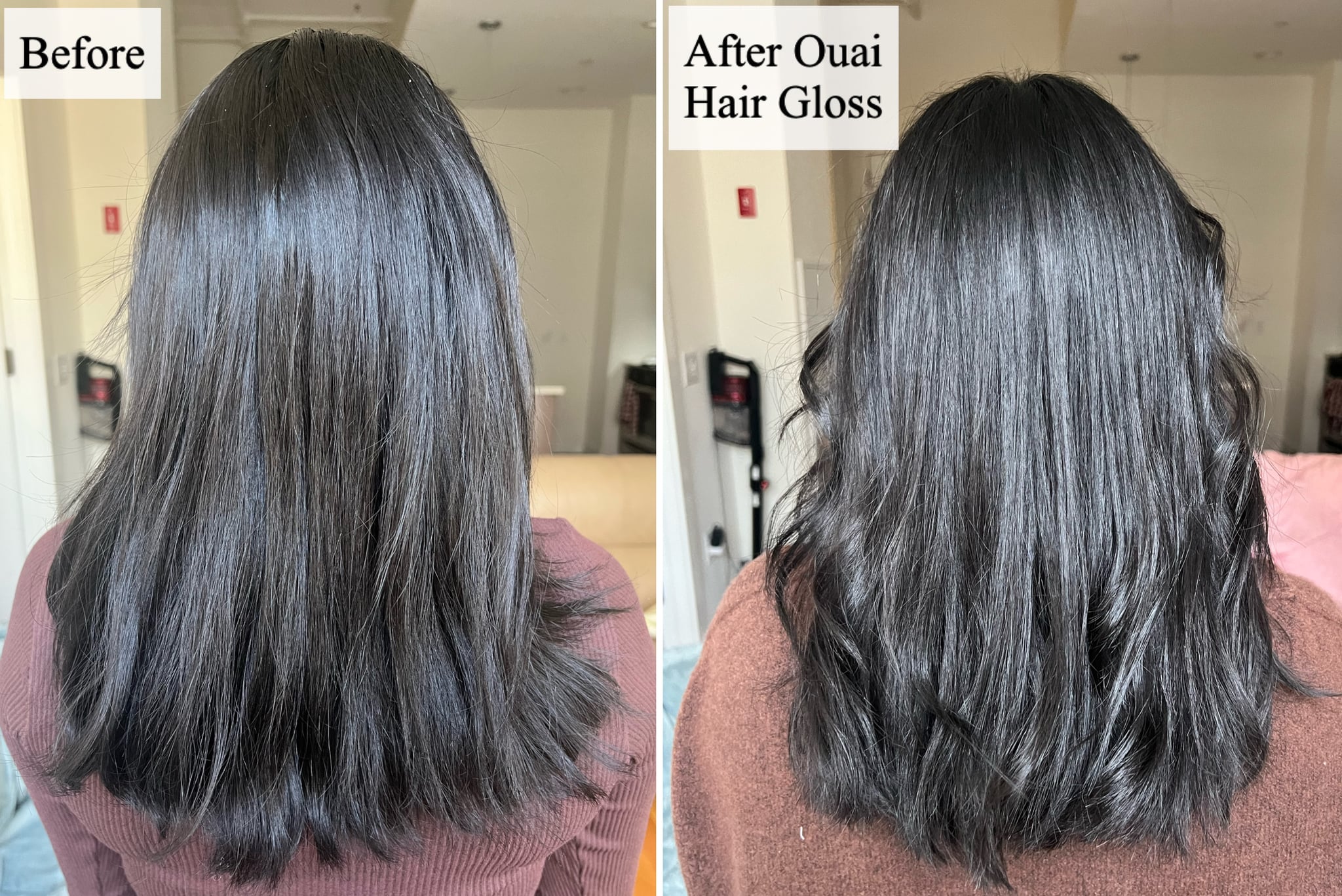 Before and after using the Ouai Hair Gloss.