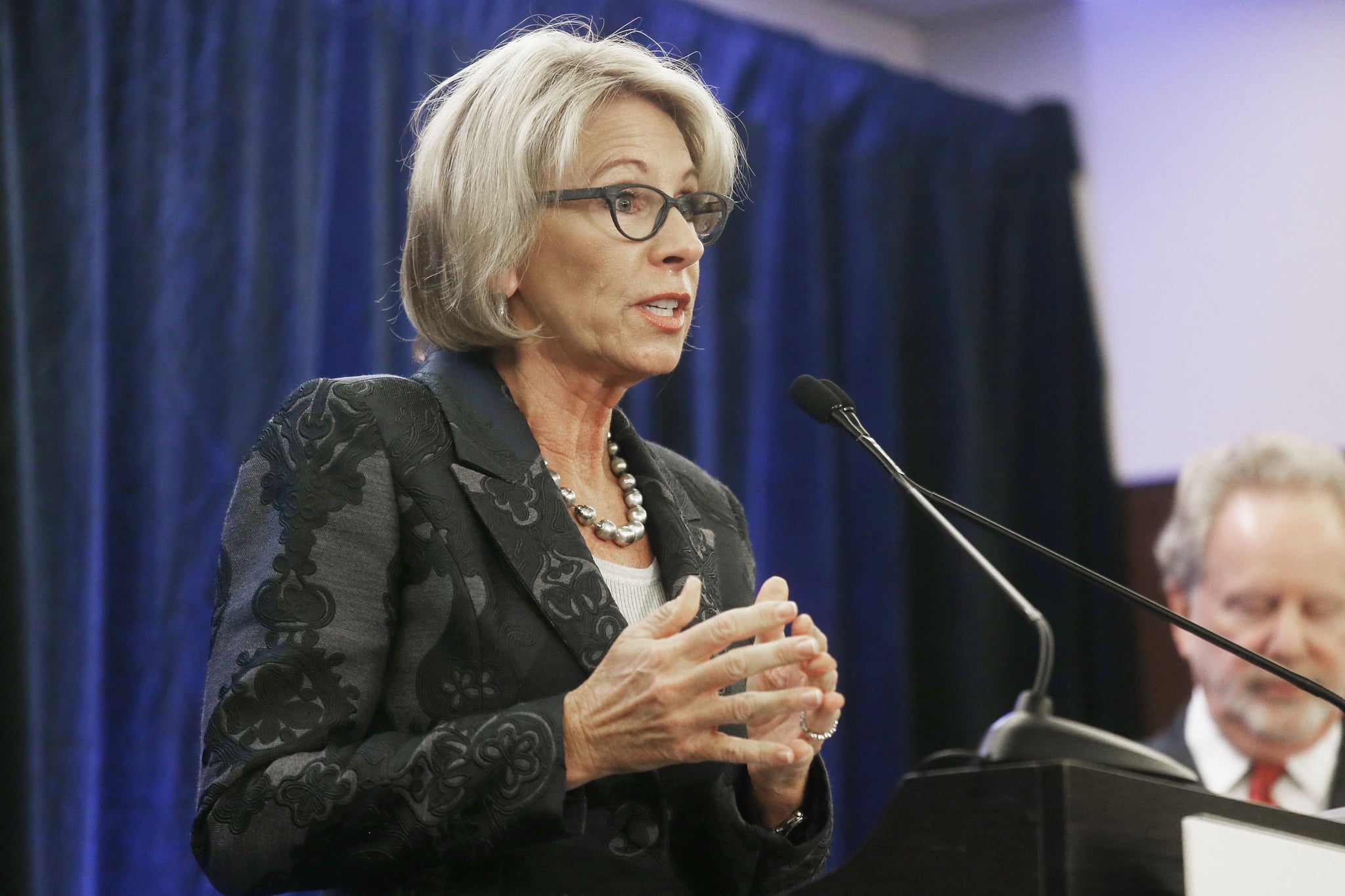 WASHINGTON, DC - FEBRUARY 15:  Education Secretary Betsy DeVos speaks at the Magnet Schools Of America Conference on February 15, 2017 in Washington, DC. DeVos addressed a recent protest at a public school she visited in Washington, DC last week following her controversial nomination to the post by President Donald Trump.  (Photo by Mario Tama/Getty Images)