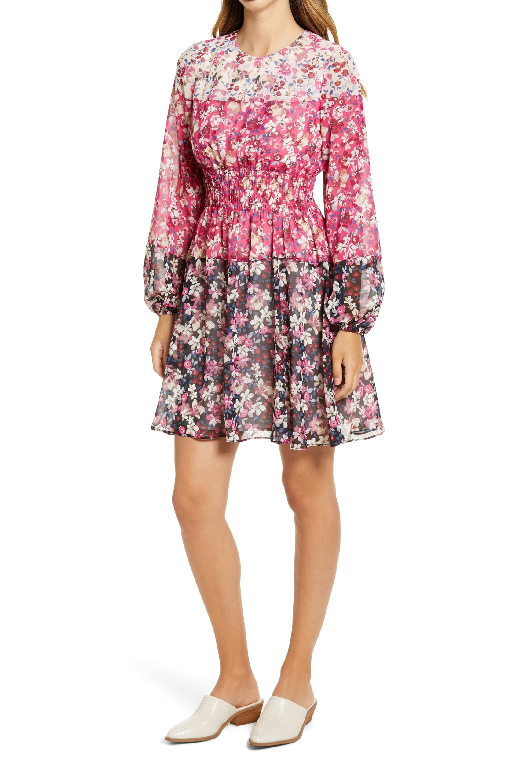 Eliza J Colorblock Floral Smocked Waist Long Sleeve Dress 29