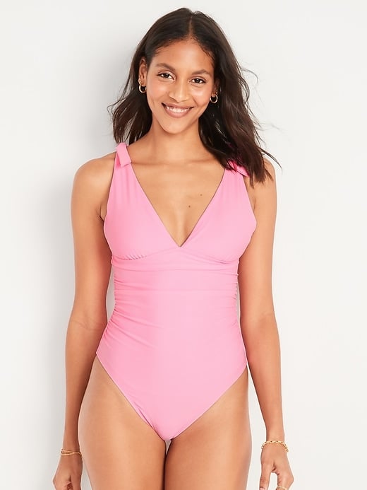 Old Navy Tie-Shoulder Ruched Plunge One-Piece Swimsuit