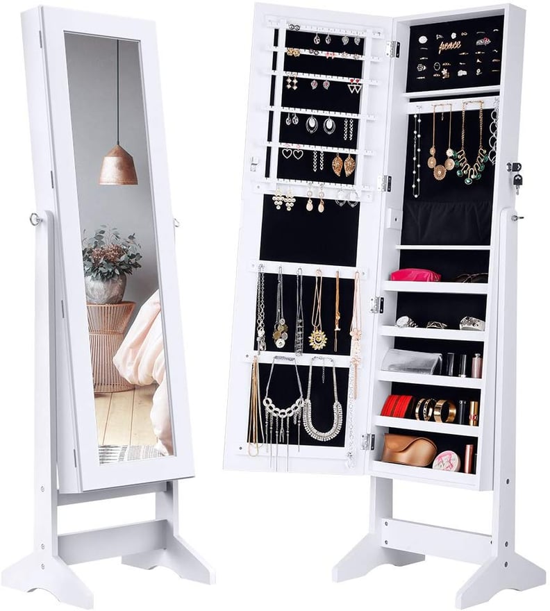 Langria Lockable Jewellery Cabinet Standing Jewellery Armoire Organiser With Mirror