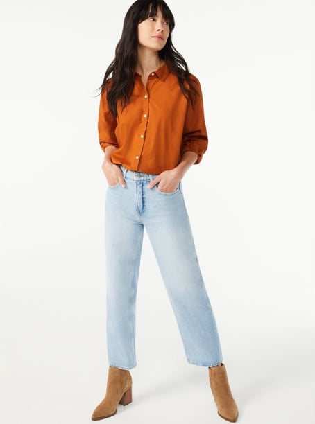 Free Assembly Women's Button-Front Blouse With Blouson Sleeves