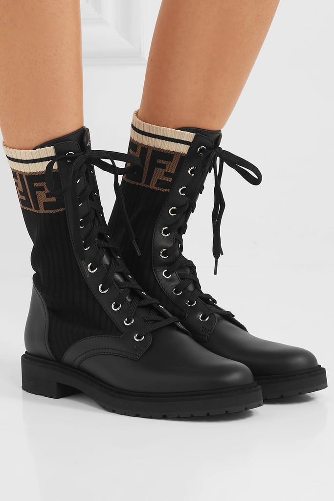 Fendi Rockoko Logo-Jacquard Stretch-Knit and Leather Ankle Boots