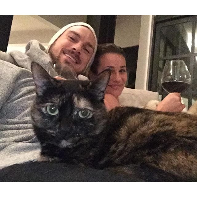 Lea Michele shared a cute snap of herself with her boyfriend, Matthew Paetz, and her cat, writing, "I think it's clear who the real star of the family is... So thankful for my loves..."